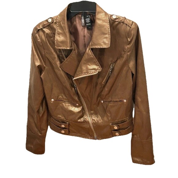 Bisou Bisou Jackets & Blazers - Bisou Bisou Women’s Brown Faux Leather Full Zip Moto Cropped Jacket Size L